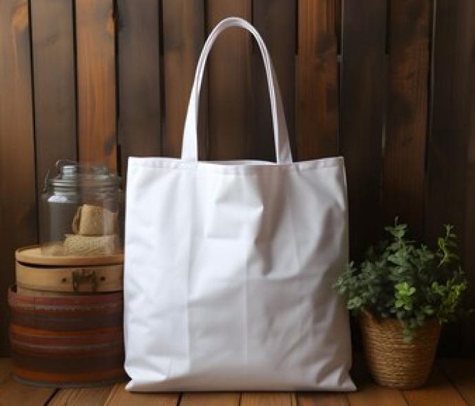 a white bag next to a plant